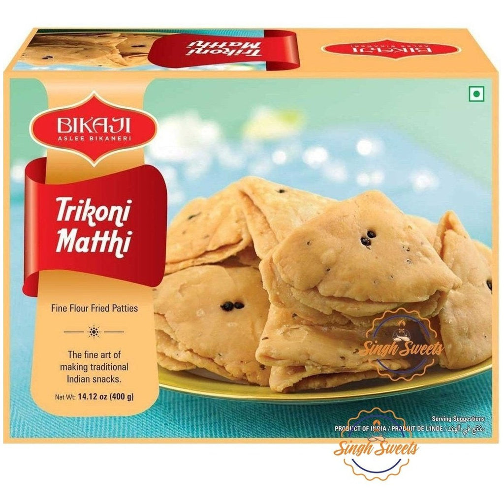 Bikaji Aslee Bikaneri Trikoni Mathi 400 g Flour Fried Patties 100% Vegetarian Traditional Indian Snacks